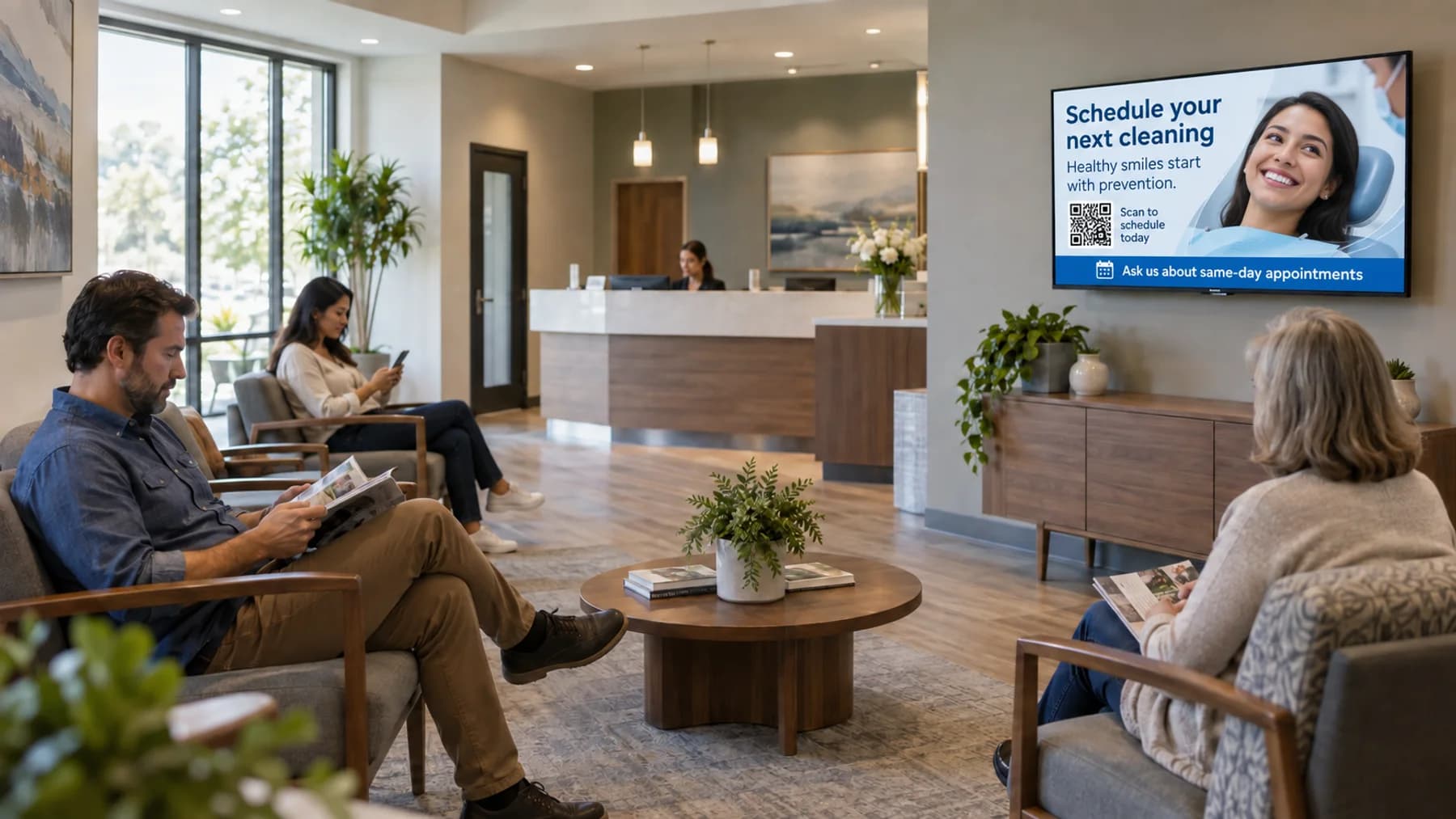 Dental waiting room with a TV channel inviting patients to schedule their next cleaning