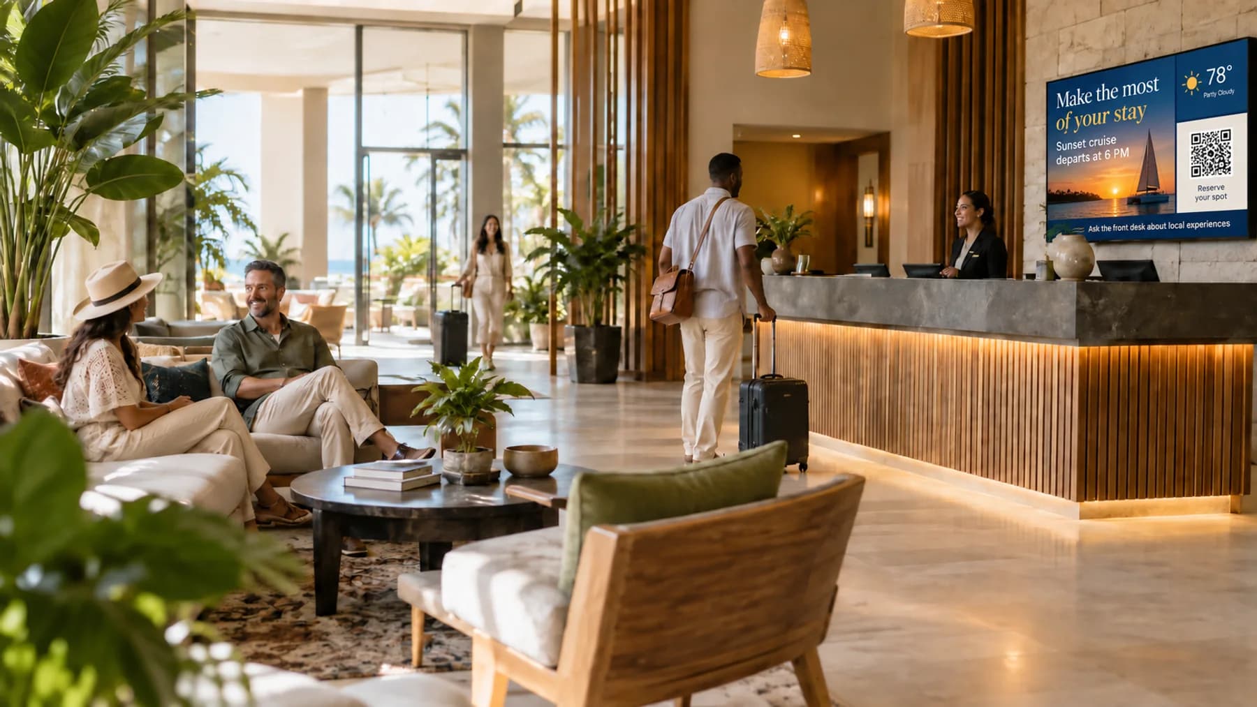 Hotel lobby with a TV channel promoting a sunset cruise and local experiences